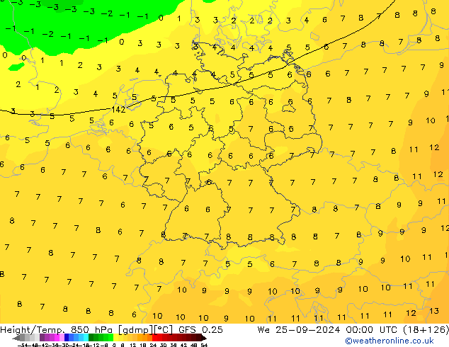 Height/Temp. 850 hPa GFS 0.25 śro. 25.09.2024 00 UTC