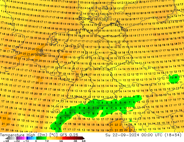 Nejvyšší teplota (2m) GFS 0.25 Ne 22.09.2024 00 UTC