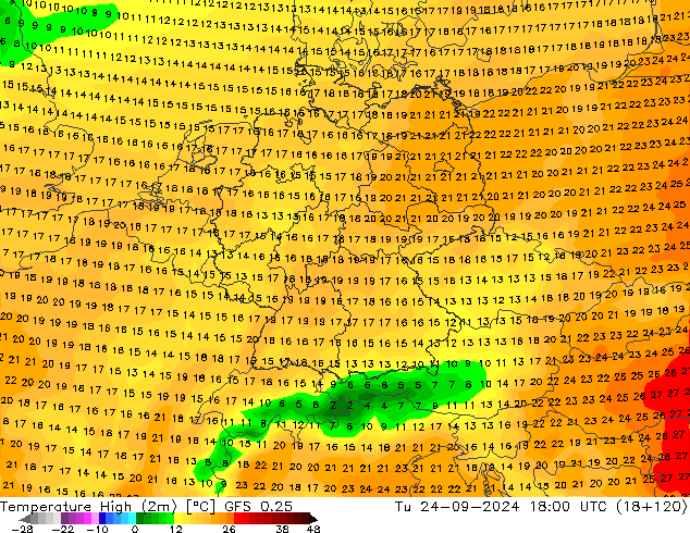 Höchstwerte (2m) GFS 0.25 Di 24.09.2024 18 UTC