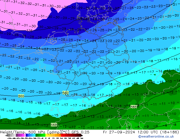 Z500/Rain (+SLP)/Z850 GFS 0.25 ven 27.09.2024 12 UTC