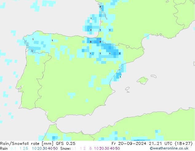 Rain/Snowfall rate GFS 0.25 Fr 20.09.2024 21 UTC