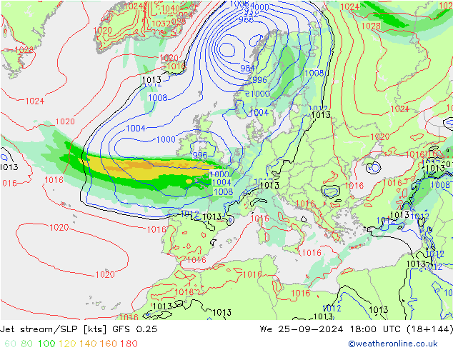 Jet stream/SLP GFS 0.25 We 25.09.2024 18 UTC