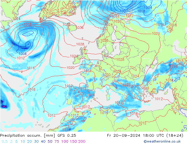 Precipitation accum. GFS 0.25 Sex 20.09.2024 18 UTC