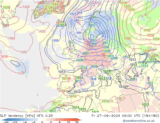 SLP tendency GFS 0.25 Fr 27.09.2024 06 UTC