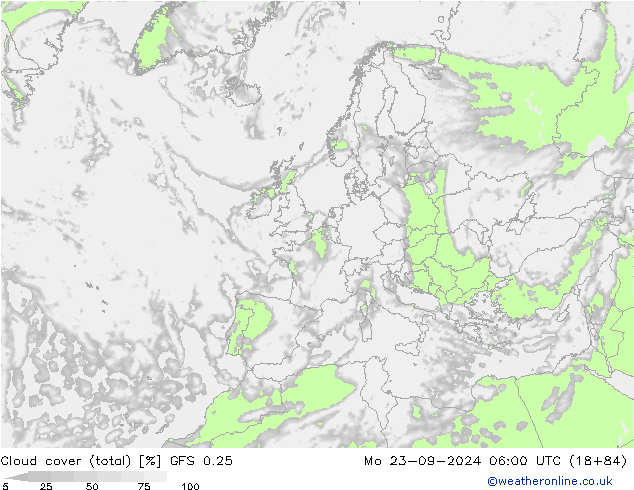 Cloud cover (total) GFS 0.25 Po 23.09.2024 06 UTC