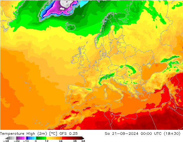 Höchstwerte (2m) GFS 0.25 Sa 21.09.2024 00 UTC