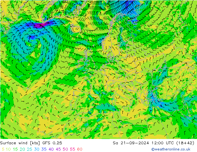 ветер 10 m GFS 0.25 сб 21.09.2024 12 UTC