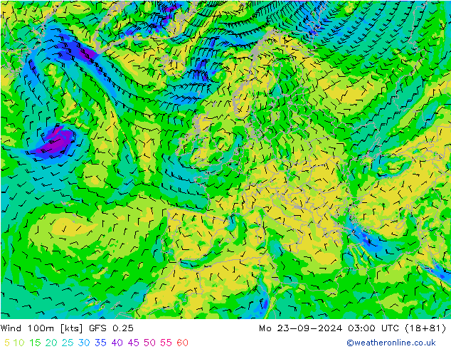 Vent 100m GFS 0.25 lun 23.09.2024 03 UTC