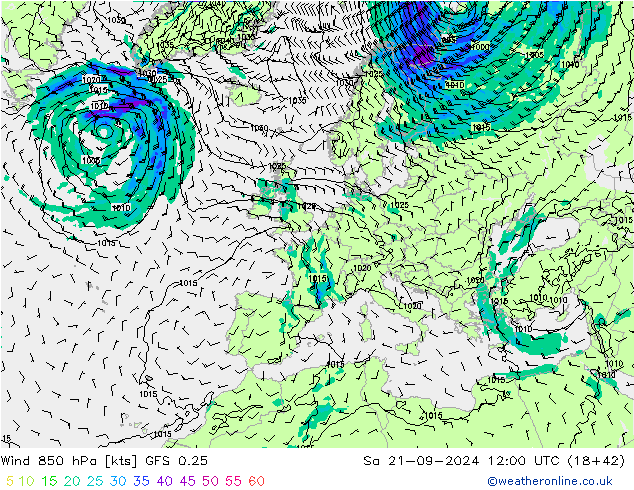 Wind 850 hPa GFS 0.25 Sa 21.09.2024 12 UTC