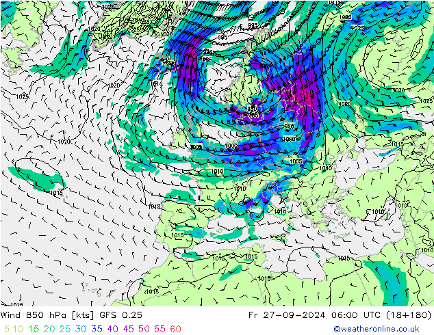 Wind 850 hPa GFS 0.25 Fr 27.09.2024 06 UTC