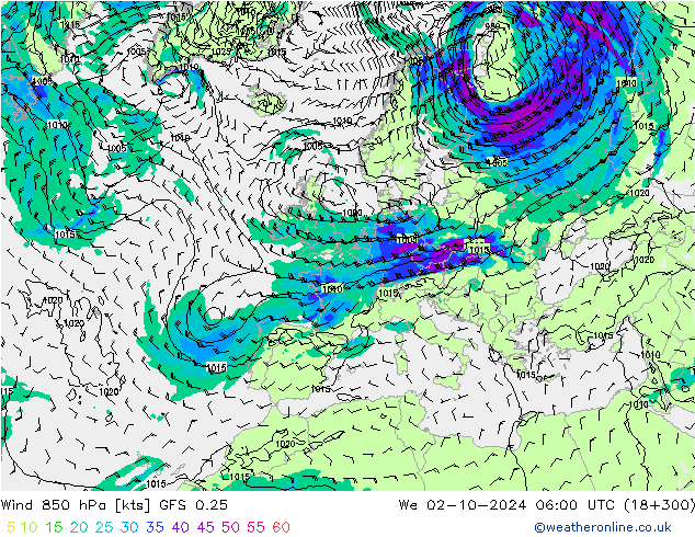 Wind 850 hPa GFS 0.25 Mi 02.10.2024 06 UTC