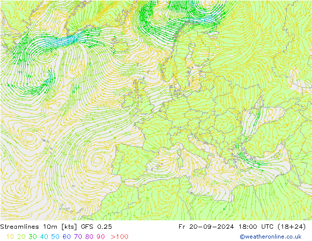 Línea de corriente 10m GFS 0.25 vie 20.09.2024 18 UTC