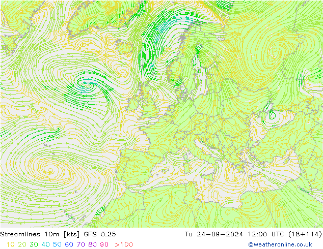 Streamlines 10m GFS 0.25 Út 24.09.2024 12 UTC