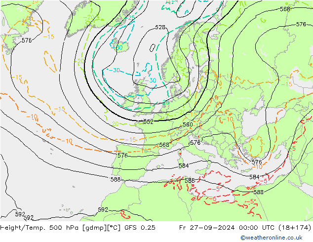 Z500/Rain (+SLP)/Z850 GFS 0.25  27.09.2024 00 UTC