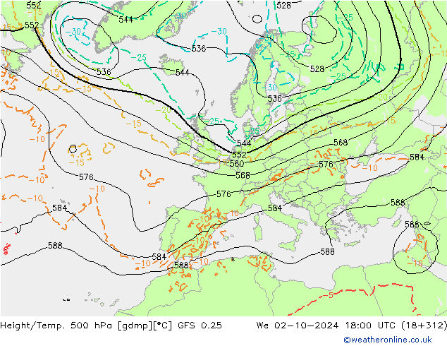 Height/Temp. 500 hPa GFS 0.25  02.10.2024 18 UTC