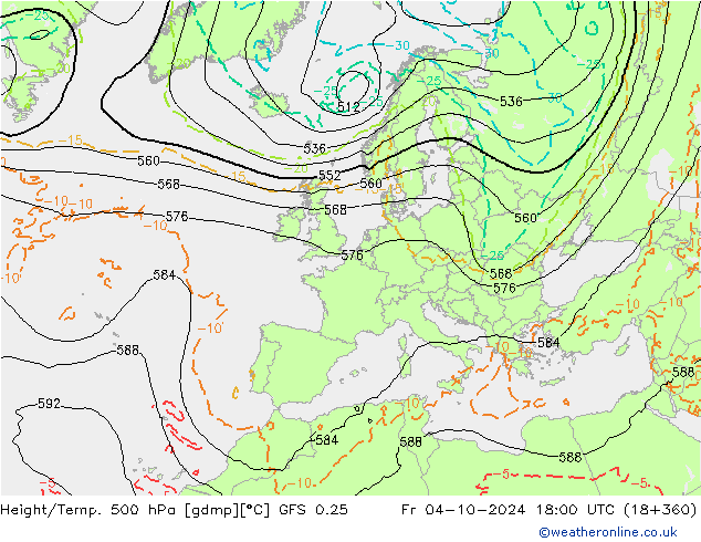 Z500/Rain (+SLP)/Z850 GFS 0.25 Sex 04.10.2024 18 UTC