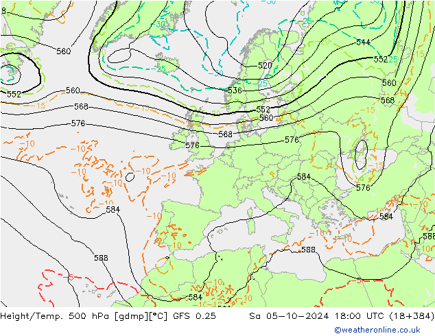 Z500/Rain (+SLP)/Z850 GFS 0.25 Sa 05.10.2024 18 UTC