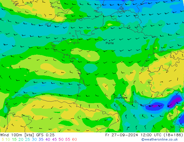 Wind 100m GFS 0.25 vr 27.09.2024 12 UTC