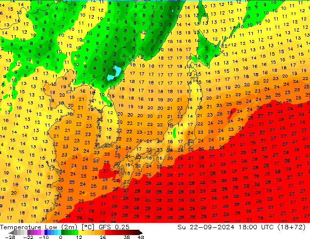 Темпер. мин. (2т) GFS 0.25 Вс 22.09.2024 18 UTC
