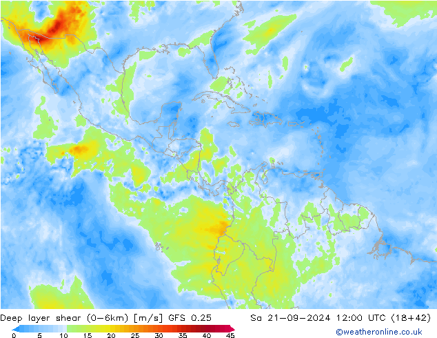 Deep layer shear (0-6km) GFS 0.25 sáb 21.09.2024 12 UTC