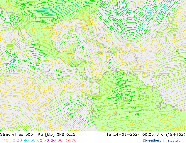 Streamlines 500 hPa GFS 0.25 Út 24.09.2024 00 UTC