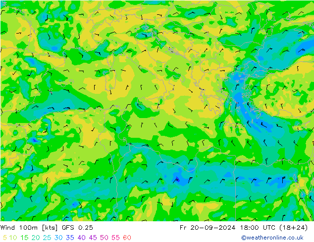 Viento 100m GFS 0.25 vie 20.09.2024 18 UTC