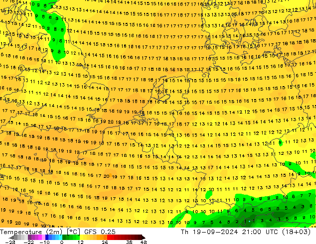 Temperatuurkaart (2m) GFS 0.25 do 19.09.2024 21 UTC