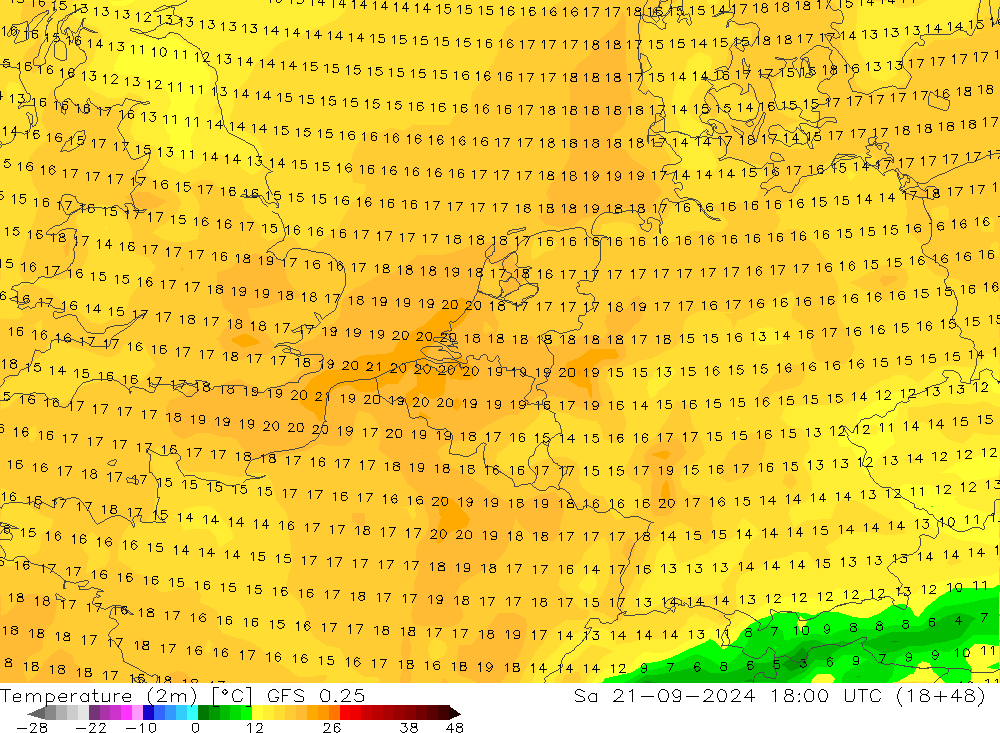 温度图 GFS 0.25 星期六 21.09.2024 18 UTC