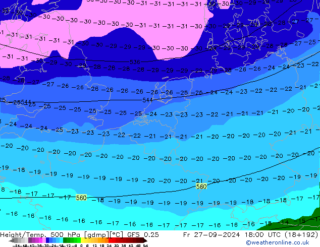 Z500/Yağmur (+YB)/Z850 GFS 0.25 Cu 27.09.2024 18 UTC