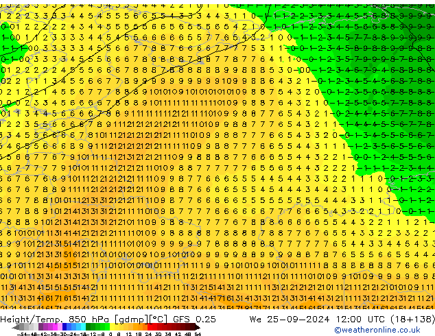 Height/Temp. 850 hPa GFS 0.25 Mi 25.09.2024 12 UTC