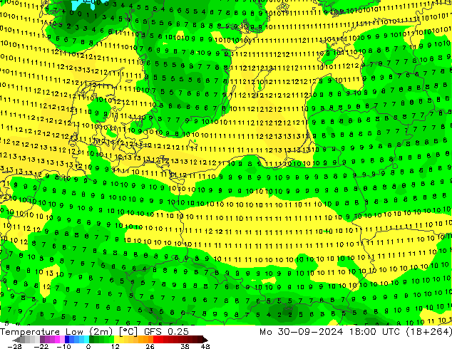 Temperature Low (2m) GFS 0.25 Mo 30.09.2024 18 UTC