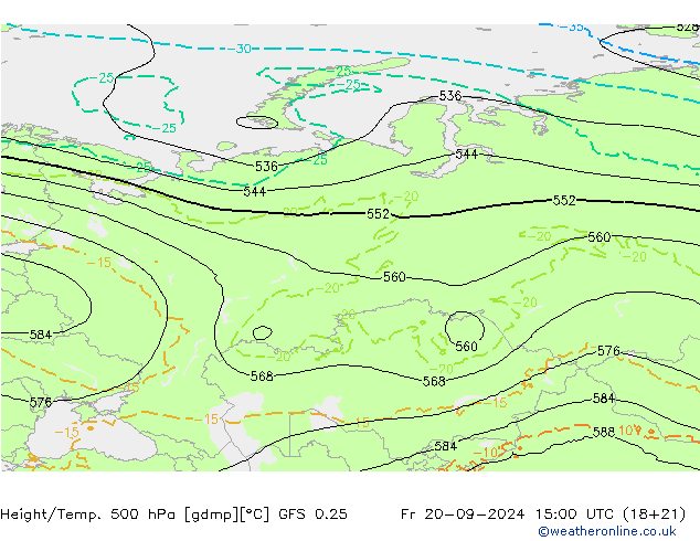 Z500/Rain (+SLP)/Z850 GFS 0.25 pt. 20.09.2024 15 UTC