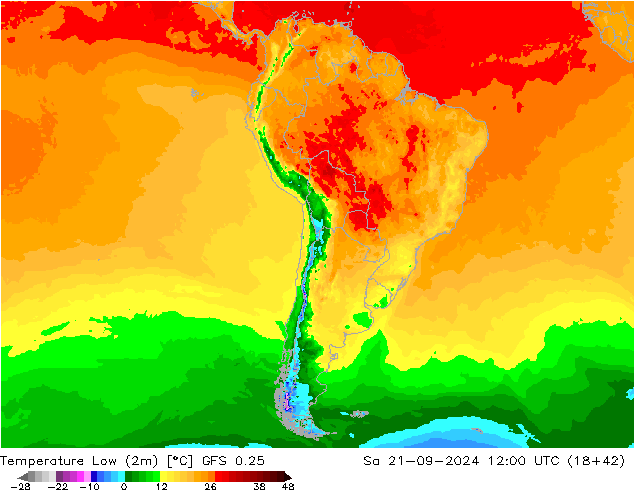 Temperature Low (2m) GFS 0.25 Sa 21.09.2024 12 UTC