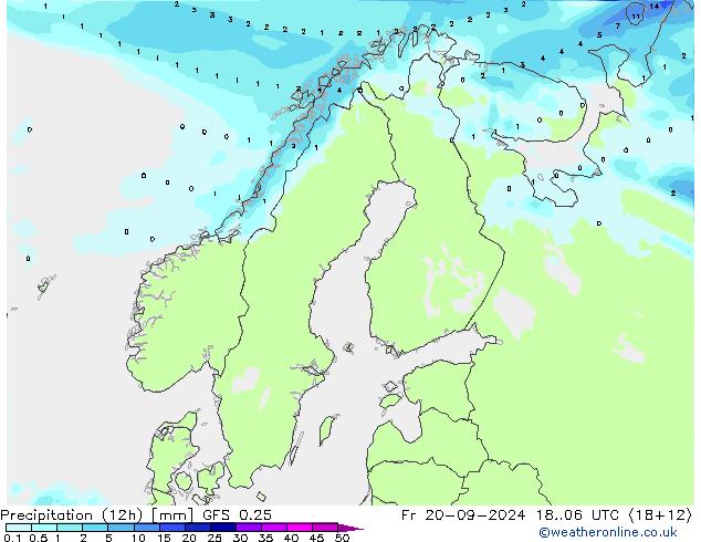 Precipitation (12h) GFS 0.25 Fr 20.09.2024 06 UTC