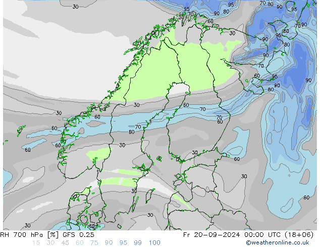 RH 700 hPa GFS 0.25 pt. 20.09.2024 00 UTC