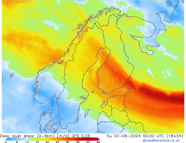 Deep layer shear (0-6km) GFS 0.25 Su 22.09.2024 00 UTC