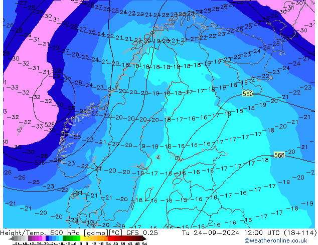 Z500/Rain (+SLP)/Z850 GFS 0.25 wto. 24.09.2024 12 UTC