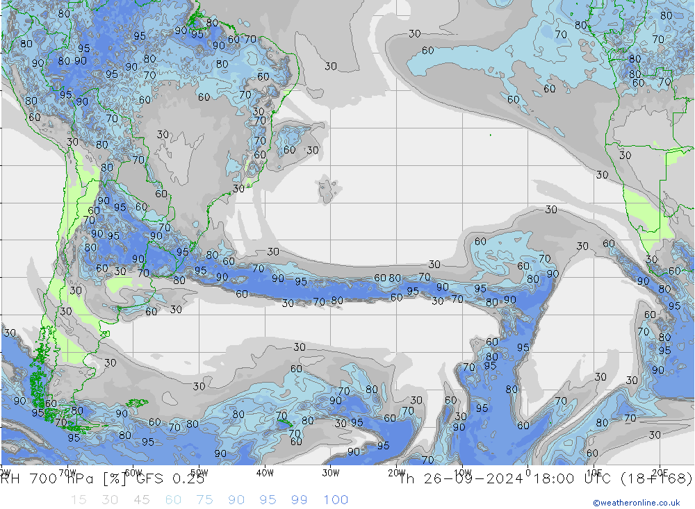 RH 700 hPa GFS 0.25 Qui 26.09.2024 18 UTC