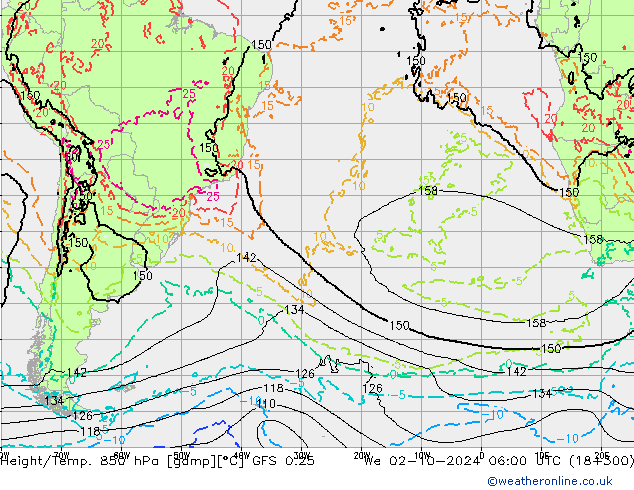 Yükseklik/Sıc. 850 hPa GFS 0.25 Çar 02.10.2024 06 UTC