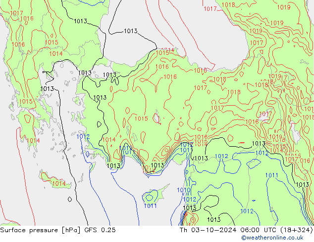 Atmosférický tlak GFS 0.25 Čt 03.10.2024 06 UTC