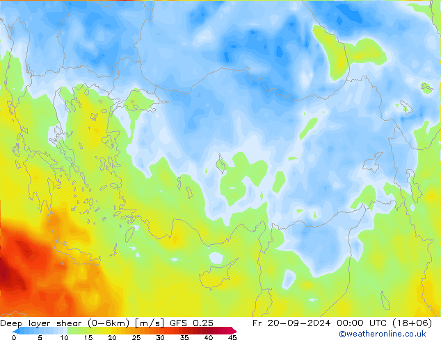 Deep layer shear (0-6km) GFS 0.25 Fr 20.09.2024 00 UTC