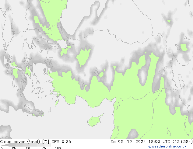 Cloud cover (total) GFS 0.25 So 05.10.2024 18 UTC