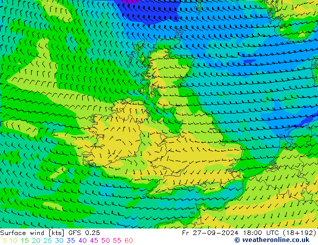 Surface wind GFS 0.25 Pá 27.09.2024 18 UTC