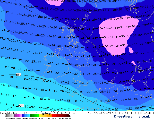 Z500/Rain (+SLP)/Z850 GFS 0.25 Su 29.09.2024 18 UTC