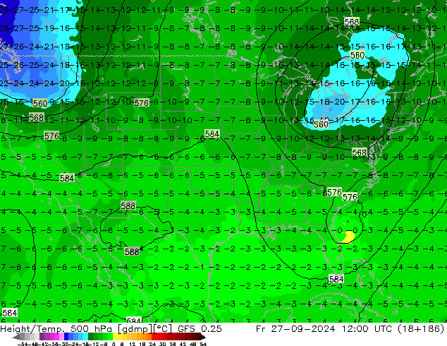 Z500/Rain (+SLP)/Z850 GFS 0.25 Sex 27.09.2024 12 UTC