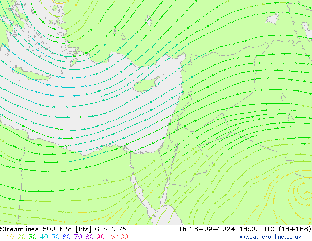 Streamlines 500 hPa GFS 0.25 Th 26.09.2024 18 UTC