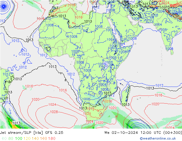 Jet stream/SLP GFS 0.25 St 02.10.2024 12 UTC