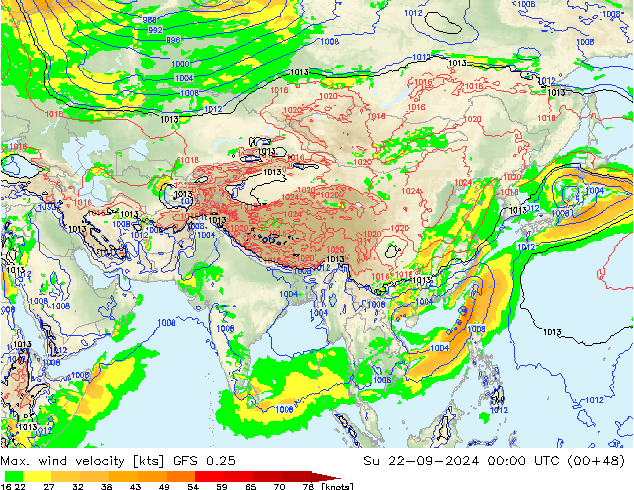 Max. wind velocity GFS 0.25 Su 22.09.2024 00 UTC