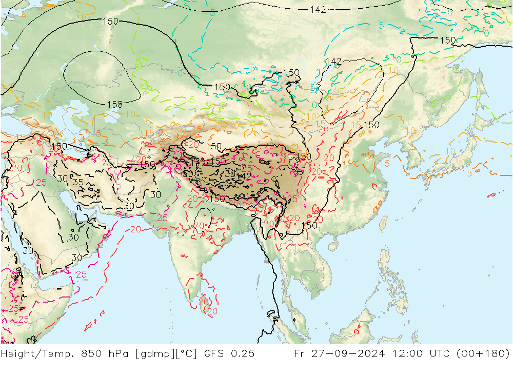 Z500/Rain (+SLP)/Z850 GFS 0.25 ven 27.09.2024 12 UTC