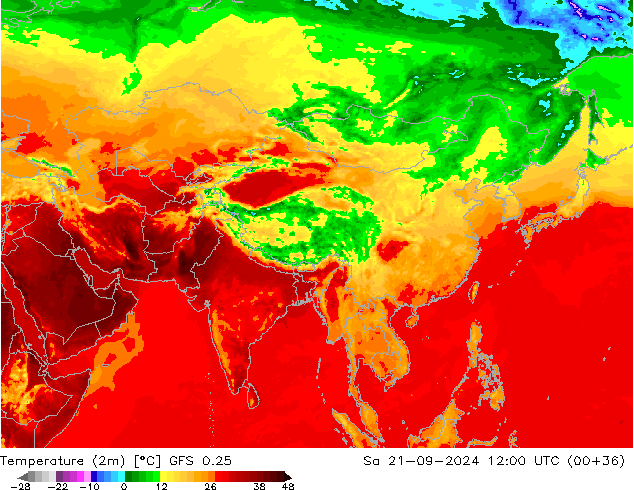 Temperature (2m) GFS 0.25 So 21.09.2024 12 UTC